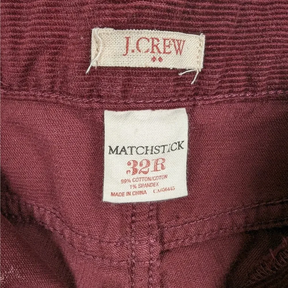 J. Crew Women's Burgundy Matchstick Stretch Corduroy Pants Size 32‎ Regular